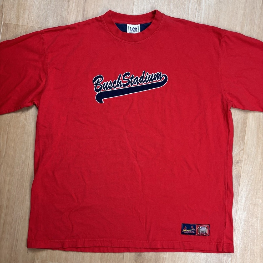 Vintage Embroidered Busch Stadium Cardinals T Shirt Red Size 2XL Lee Sport